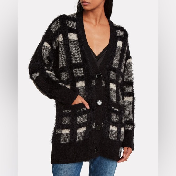 Equipment Plaid Oversized Button Cardigan Cisse Fuzzy Textured Black and White - Picture 2 of 11